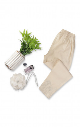 Beige Embroidered Viscose Straight Pant